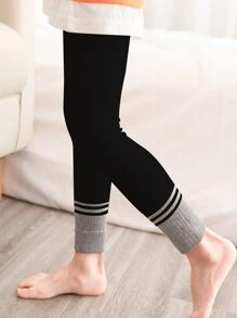 1入女童純色拼接條紋七分緊身褲 - 黑色 - 查看 2