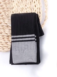 1入女童純色拼接條紋七分緊身褲 - 黑色 - 查看 3