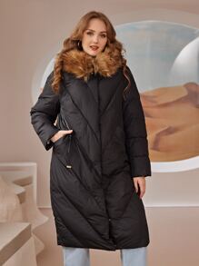 Plus Zip Up Fuzzy Trim Hooded Padded Coat - Black - View 1