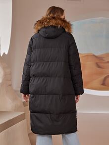 Plus Zip Up Fuzzy Trim Hooded Padded Coat - Black - View 2