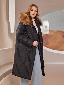 Plus Zip Up Fuzzy Trim Hooded Padded Coat - Black - View 3