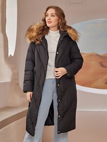 Plus Zip Up Fuzzy Trim Hooded Padded Coat - Black - View 4