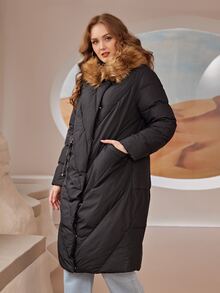 Plus Zip Up Fuzzy Trim Hooded Padded Coat - Black - View 5