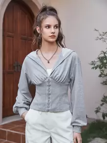 SHEIN MOD Hook and Eye Front Hoodie - Light Grey - View 1