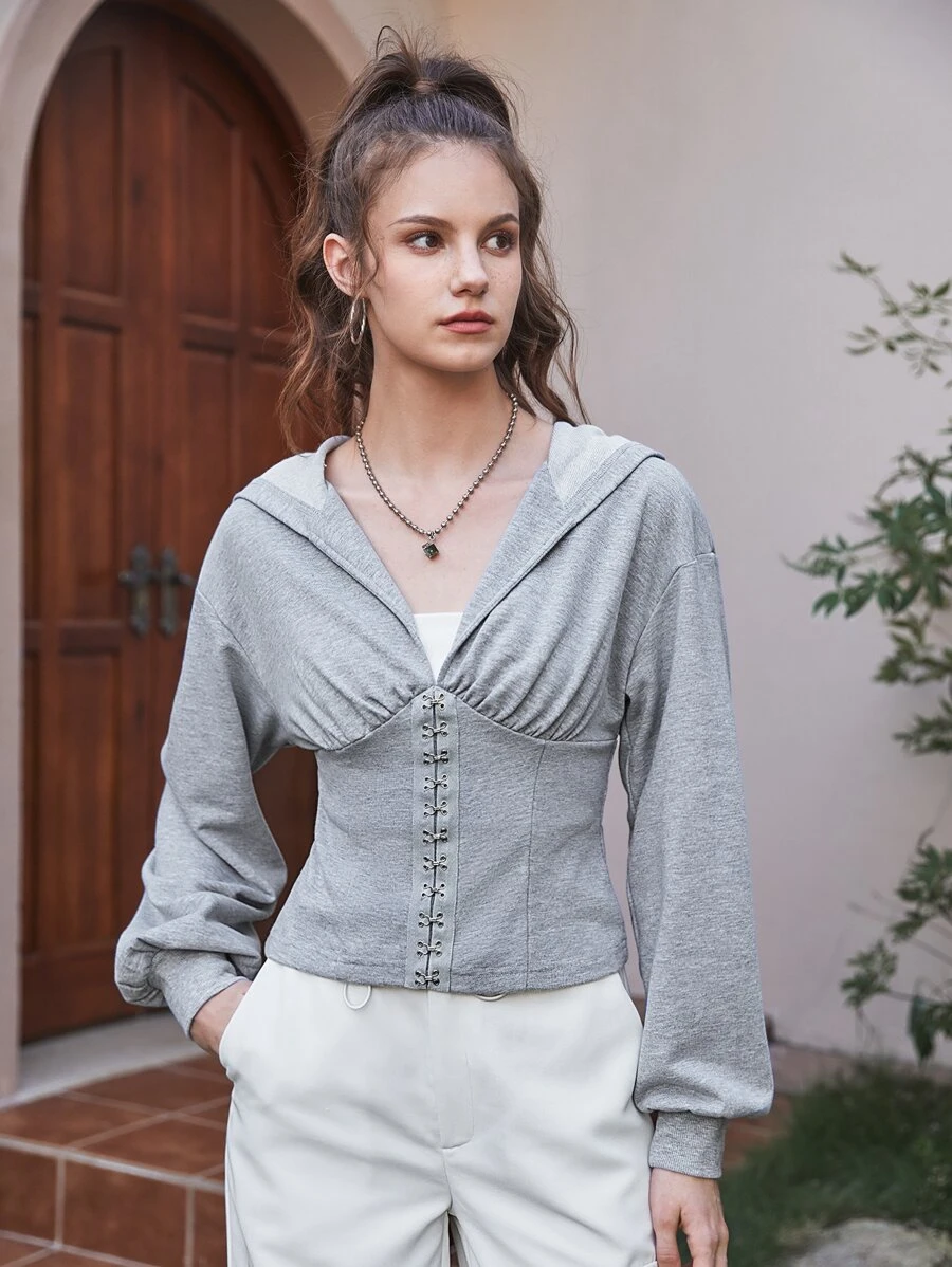 SHEIN MOD Hook and Eye Front Hoodie - Light Grey - View 1