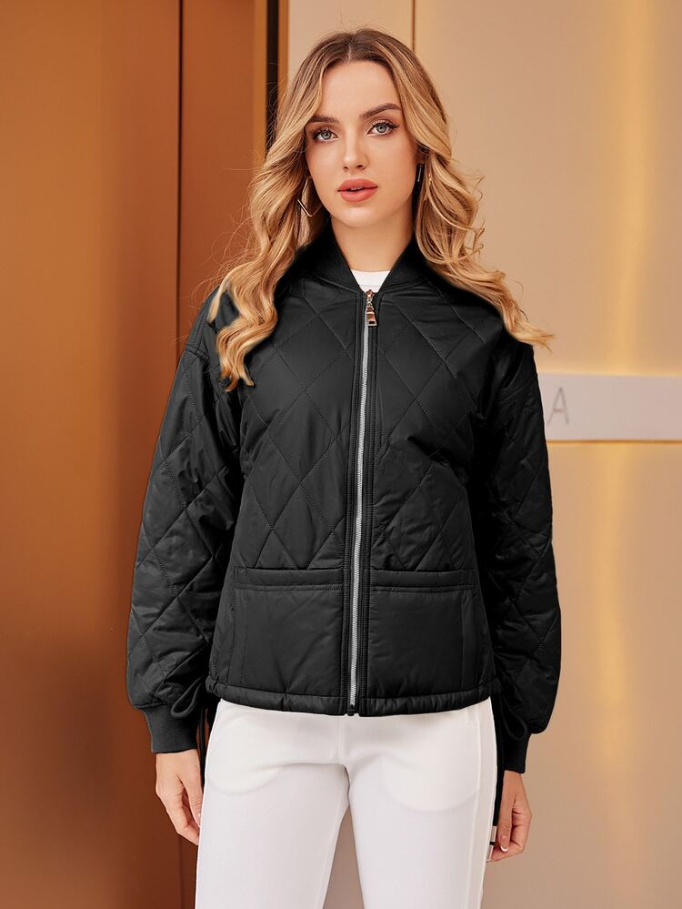 Zip Up Quilted Bomber Jacket - Black - View 1