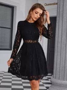 Lace Overlay A-Line Dress - Black - View 1