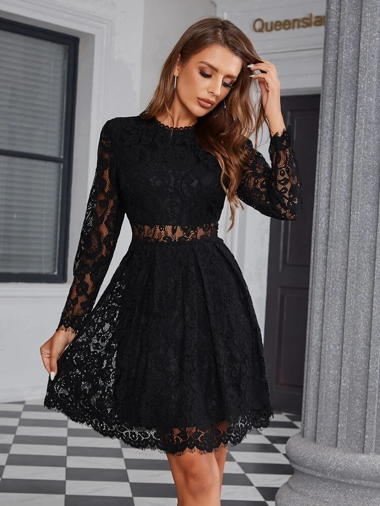 eilly bazar sheer insert scallop trim lace dress Eilly Bazar Mesh Insert Mock Neck Flounce Sleeve Lace Dress