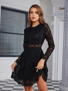 Lace Overlay A-Line Dress - Black - View 3