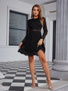 Lace Overlay A-Line Dress - Black - View 4