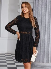 Lace Overlay A-Line Dress - Black - View 5
