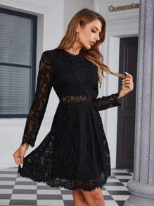 Lace Overlay A-Line Dress - Black - View 6