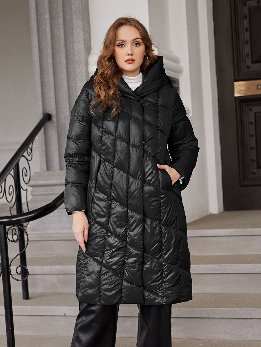 Plus Slant Pocket Hooded Quilted Coat - Black - View 1