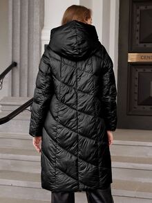 Plus Slant Pocket Hooded Quilted Coat - Black - View 2