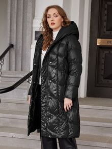 Plus Slant Pocket Hooded Quilted Coat - Black - View 3