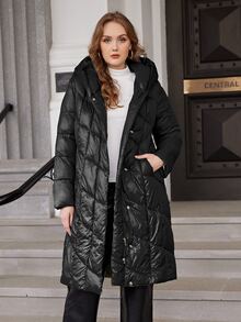 Plus Slant Pocket Hooded Quilted Coat - Black - View 4