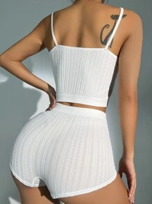 Ruffle Trim Cable Textured Bow Front PJ Set / Pajama Set - White - View 2