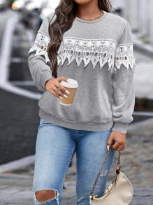 SHEIN Clasi 大碼水溶蕾絲拼接運動衫 - 淺灰色 - 查看 3