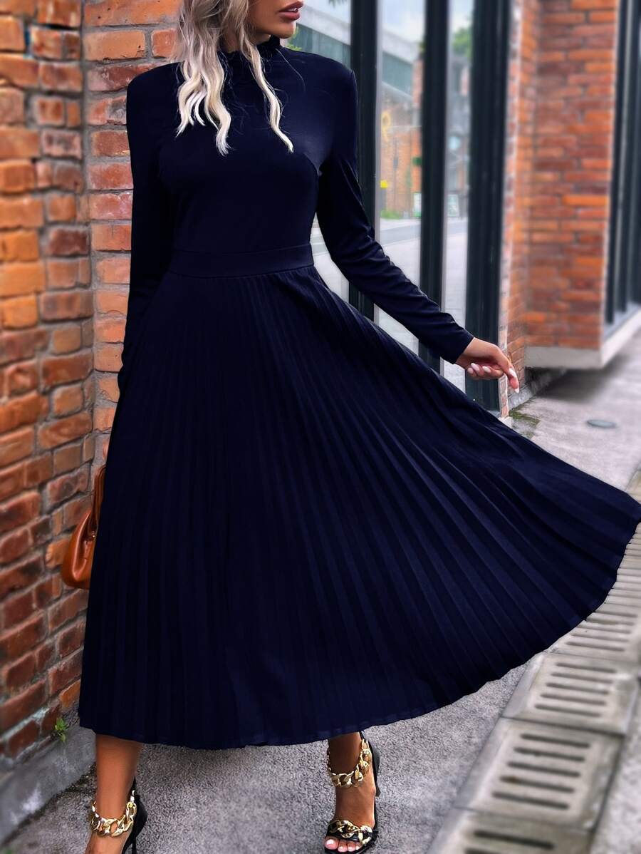 SHEIN Clasi Mock Neck Solid Pleated Hem Dress - Navy Blue - View 1