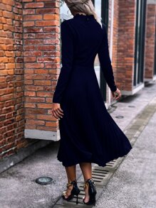 SHEIN Clasi Mock Neck Solid Pleated Hem Dress - Navy Blue - View 2