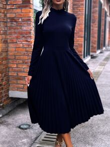 SHEIN Clasi Mock Neck Solid Pleated Hem Dress - Navy Blue - View 3