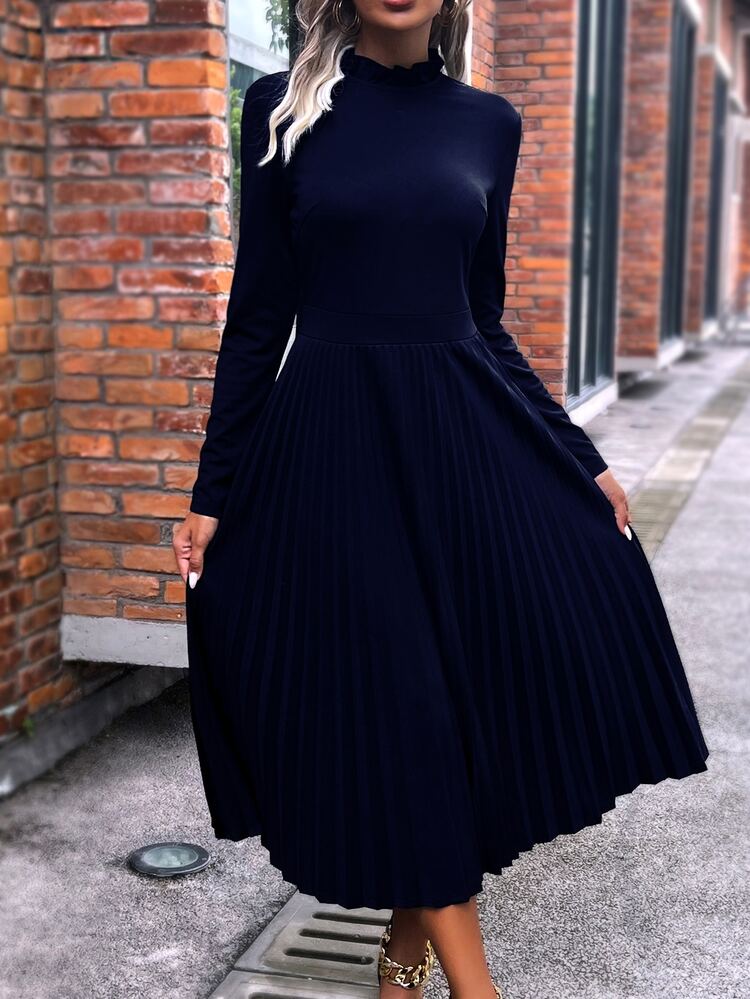 SHEIN Clasi 小高領素色百褶下擺洋裝 - 藏蓝色 - 查看 3