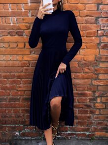 SHEIN Clasi Mock Neck Solid Pleated Hem Dress - Navy Blue - View 5