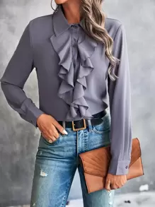 SHEIN Clasi Ruffle Trim Button Up Shirt - Grey - View 1