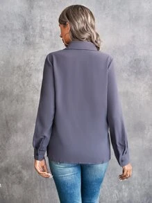 SHEIN Clasi Ruffle Trim Button Up Shirt - Grey - View 2