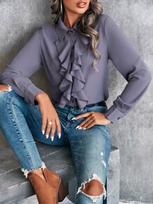SHEIN Clasi Ruffle Trim Button Up Shirt - Grey - View 3
