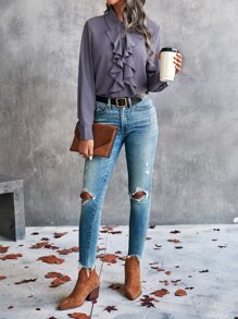 SHEIN Clasi Ruffle Trim Button Up Shirt - Grey - View 4