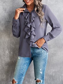 SHEIN Clasi Ruffle Trim Button Up Shirt - Grey - View 5
