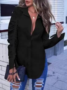 SHEIN Essnce 抽繩袖弧形下擺襯衫 - 黑色 - 查看 1