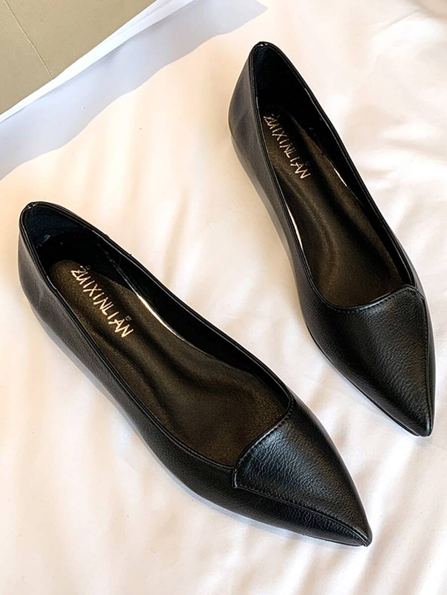 Giày lười đế bằng màu trơn thời trang thu đông dành cho nữ, giày lười mũi nhọn thoáng khí đa năng, phù hợp để mang hàng ngày - màu đen - Xem 1