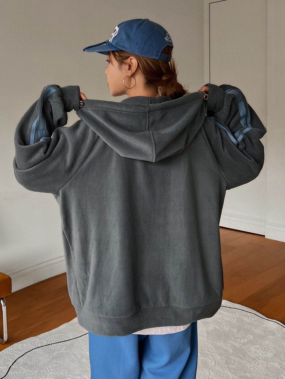 Striped Side Sleeve Hooded Teddy Jacket