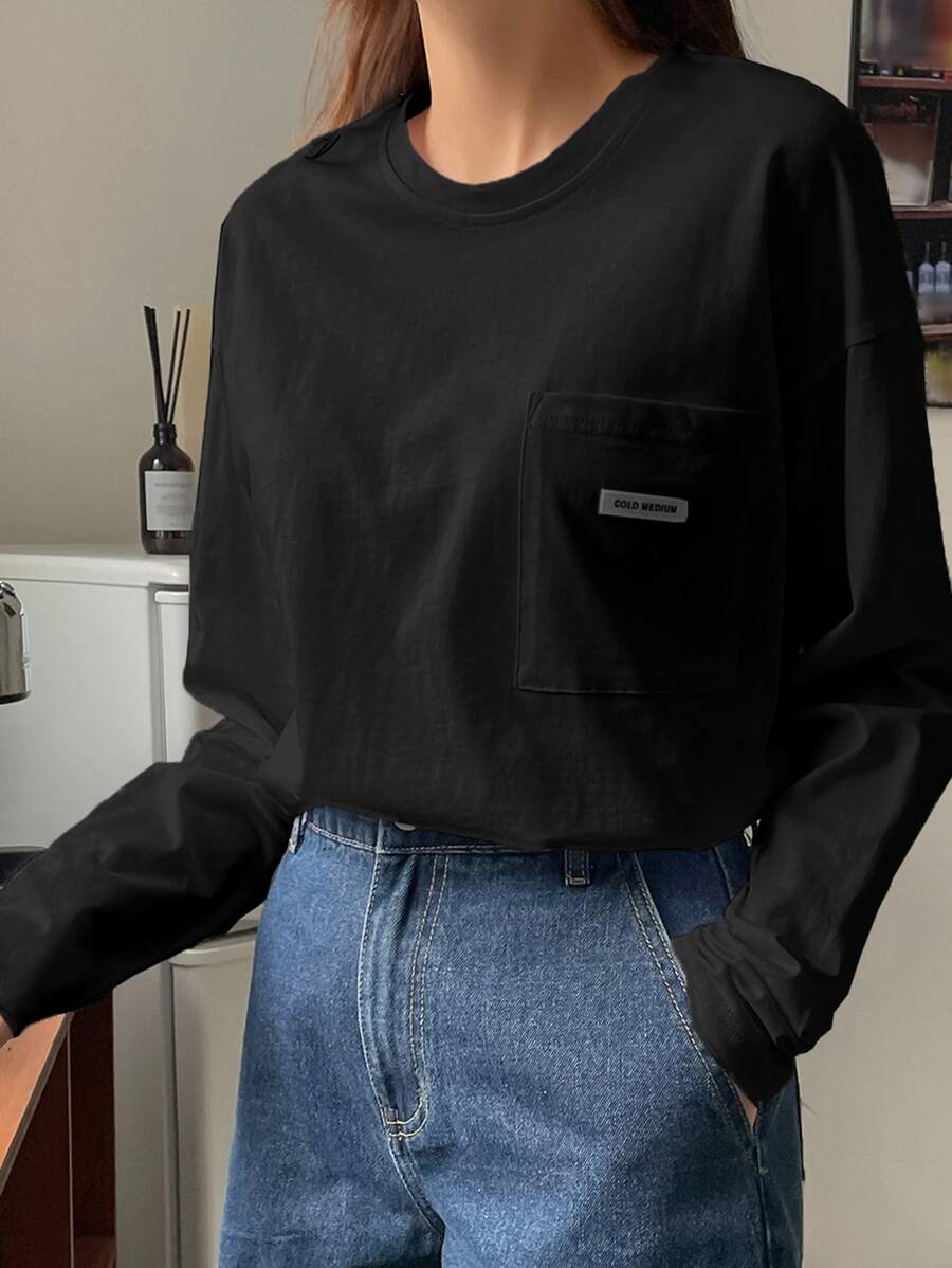 DAZY Letter Patched Drop Shoulder Tee,Fall Clothes Long Sleeve Women Tops - Black - View 1