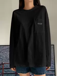 DAZY Letter Patched Drop Shoulder Tee,Fall Clothes Long Sleeve Women Tops - Black - View 2