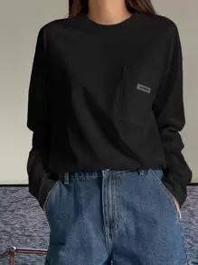 DAZY Letter Patched Drop Shoulder Tee,Fall Clothes Long Sleeve Women Tops - Black - View 3