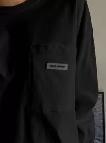 DAZY Letter Patched Drop Shoulder Tee,Fall Clothes Long Sleeve Women Tops - Black - View 5