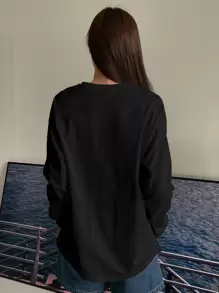 DAZY Letter Patched Drop Shoulder Tee,Fall Clothes Long Sleeve Women Tops - Black - View 6