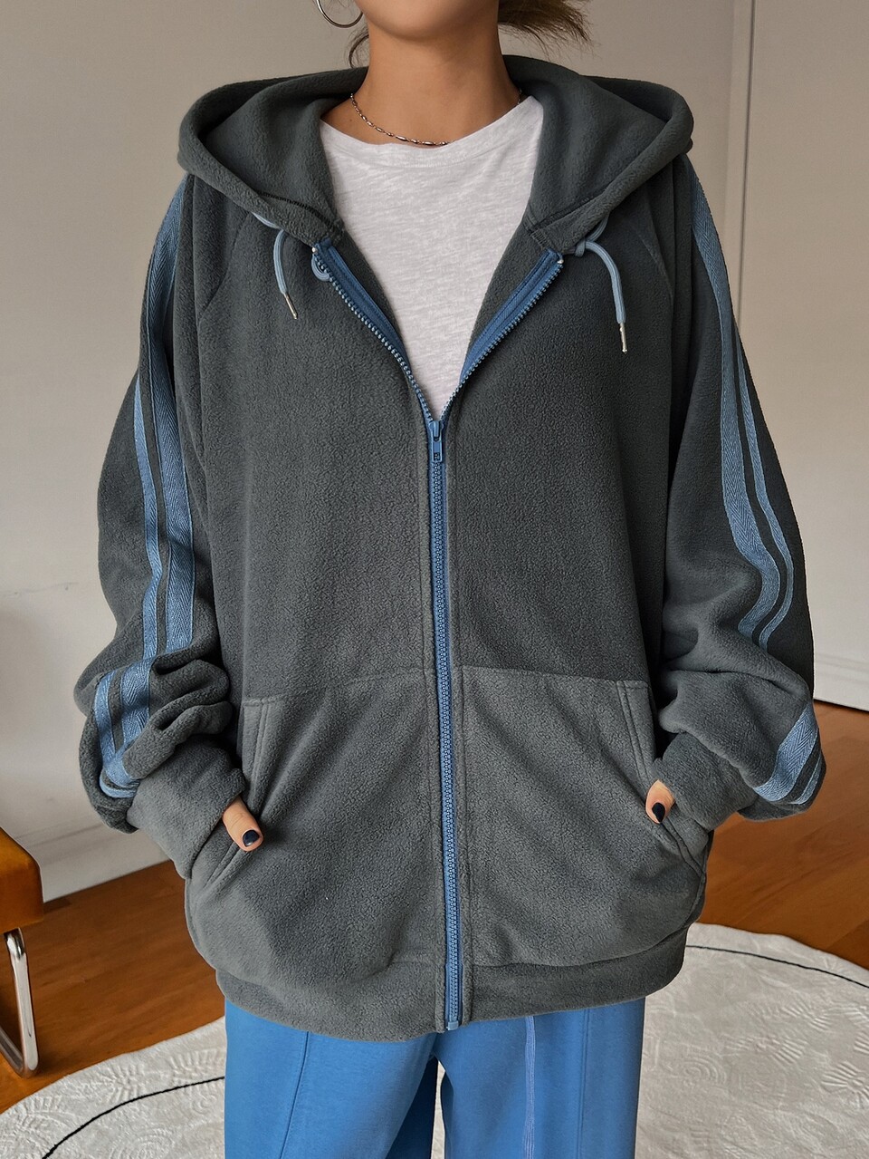 Striped Side Sleeve Hooded Teddy Jacket