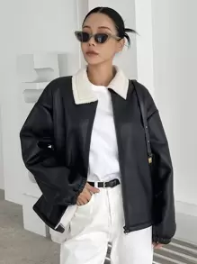 DAZY Borg Collar Drop Shoulder Zip Up PU Jacket - Black - View 1