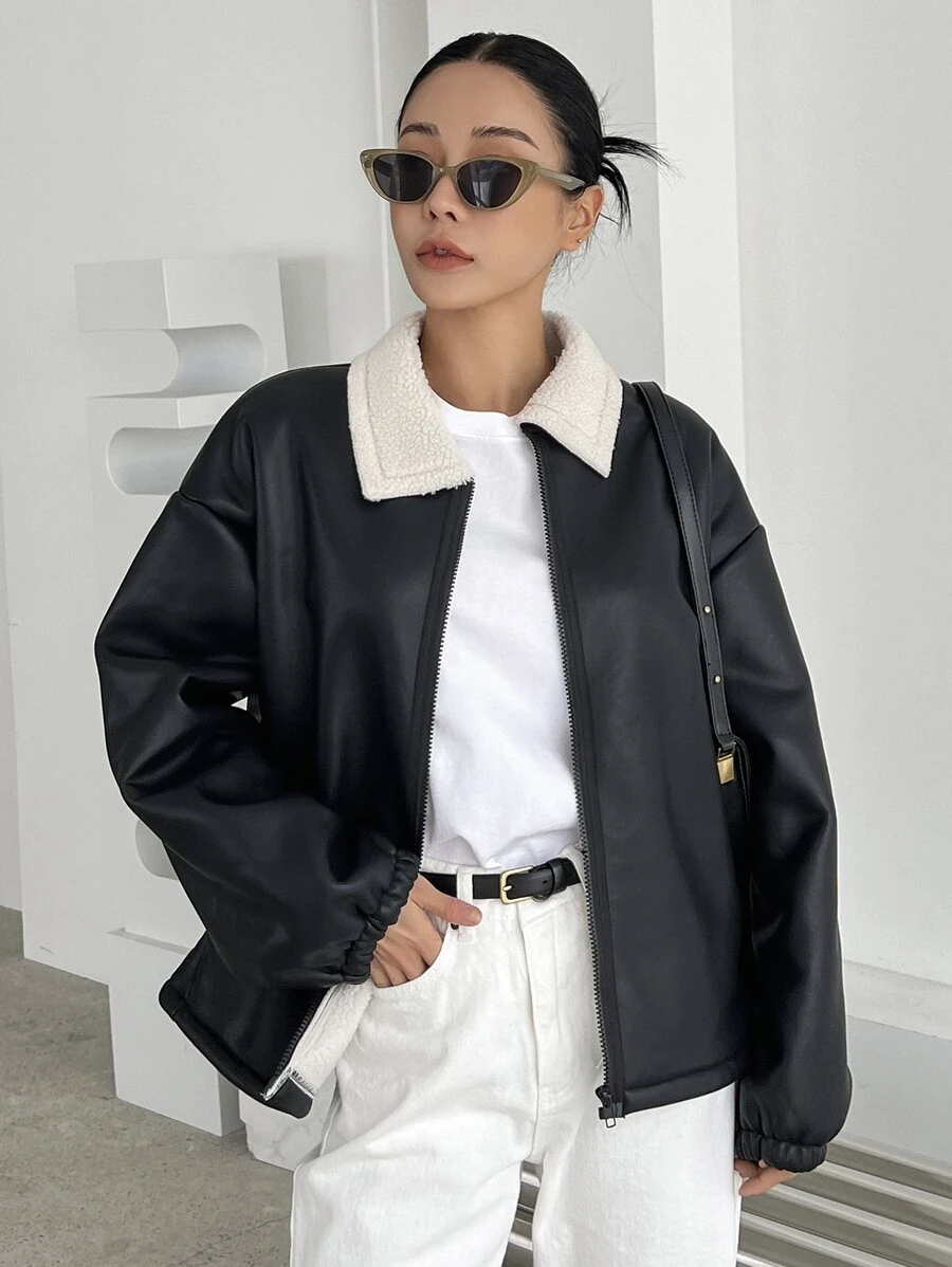DAZY Borg Collar Drop Shoulder Zip Up PU Jacket - Black - View 1
