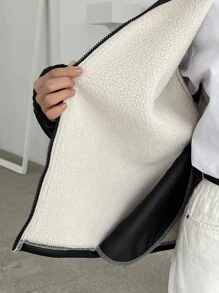 DAZY Borg Collar Drop Shoulder Zip Up PU Jacket - Black - View 3