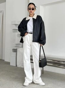 DAZY Borg Collar Drop Shoulder Zip Up PU Jacket - Black - View 6