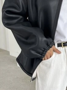 DAZY Borg Collar Drop Shoulder Zip Up PU Jacket - Black - View 7