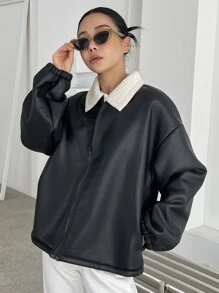 DAZY Borg Collar Drop Shoulder Zip Up PU Jacket - Black - View 8