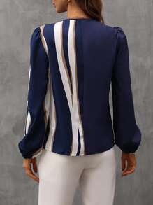 SHEIN Clasi Color Block Puff Sleeve Blouse Women Shirt - Navy Blue - View 2