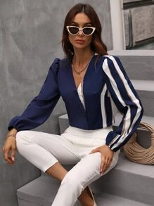 SHEIN Clasi Color Block Puff Sleeve Blouse Women Shirt - Navy Blue - View 6