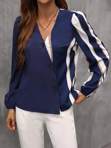 SHEIN Clasi Color Block Puff Sleeve Blouse Women Shirt - Navy Blue - View 3
